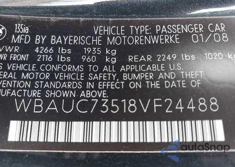 2008 BMW 135I from USA, damaged, VIN WBAUC73518VF24488